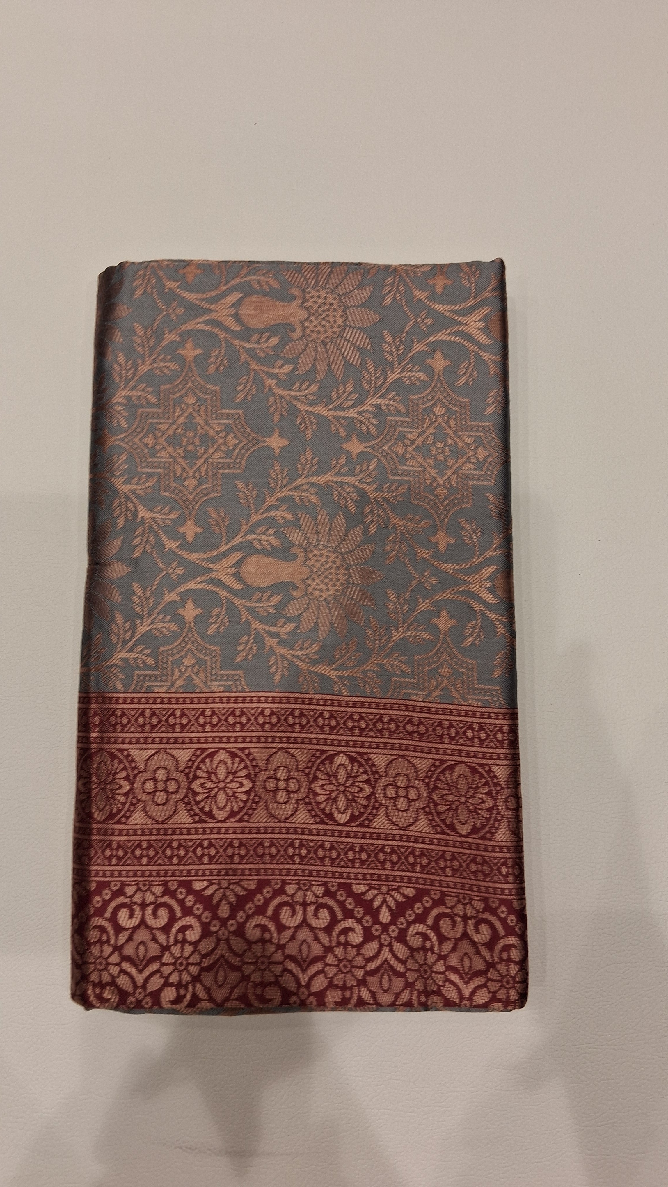 Neelika Slate Blue Floral Woven Saree with Maroon Border 5036015