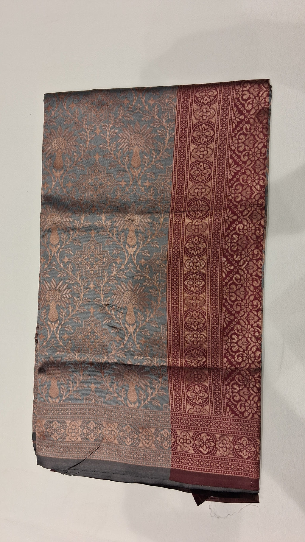 Neelika Slate Blue Floral Woven Saree with Maroon Border 5036015