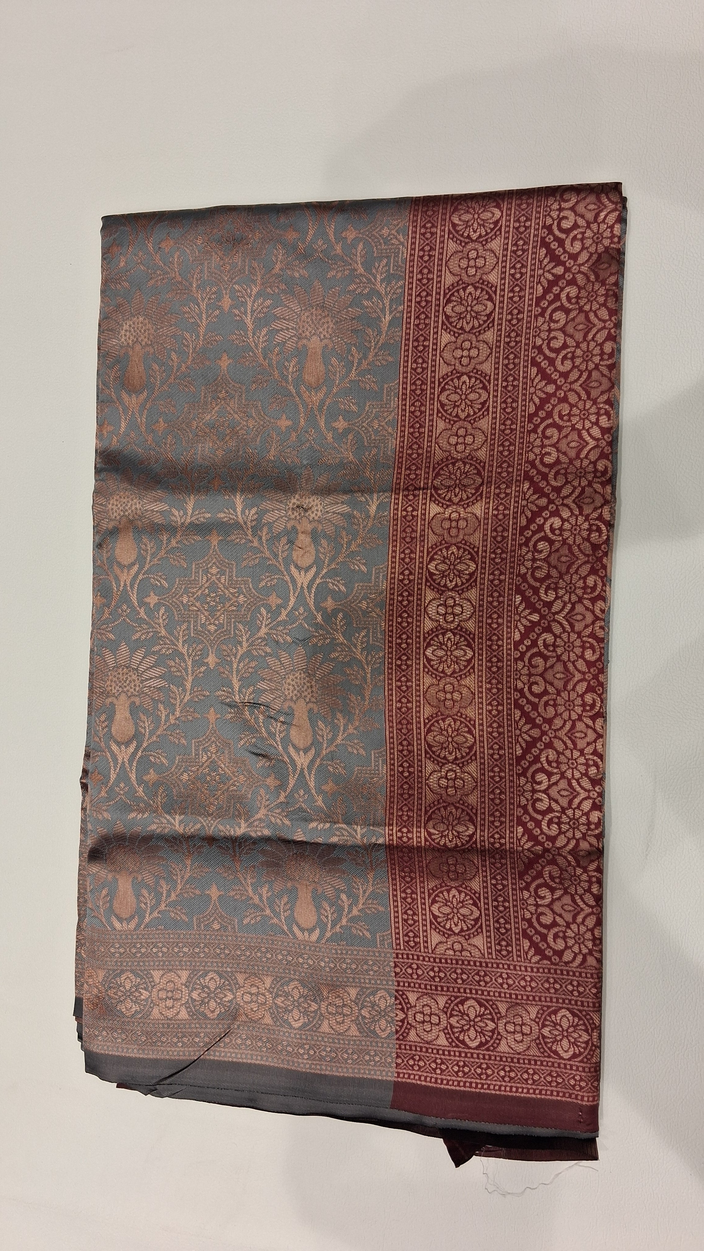 Neelika Slate Blue Floral Woven Saree with Maroon Border 5036015