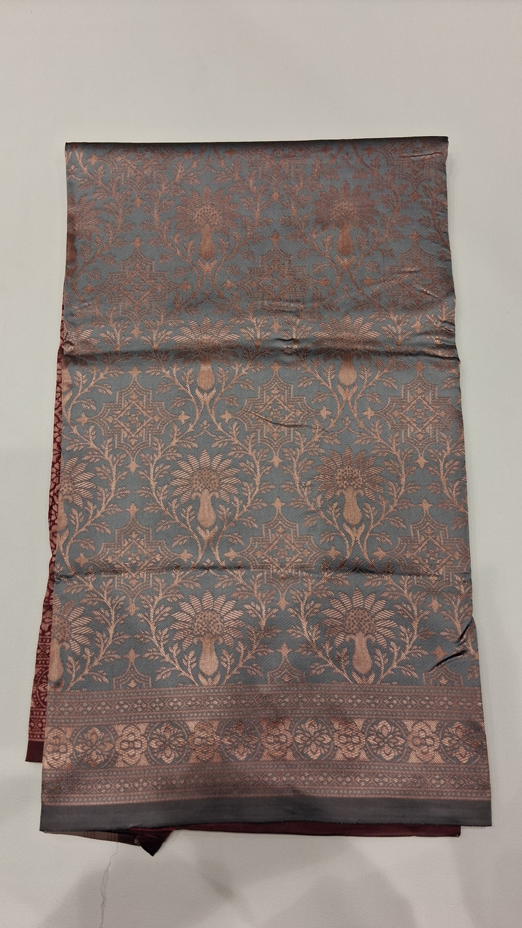 Neelika Slate Blue Floral Woven Saree with Maroon Border 5036015