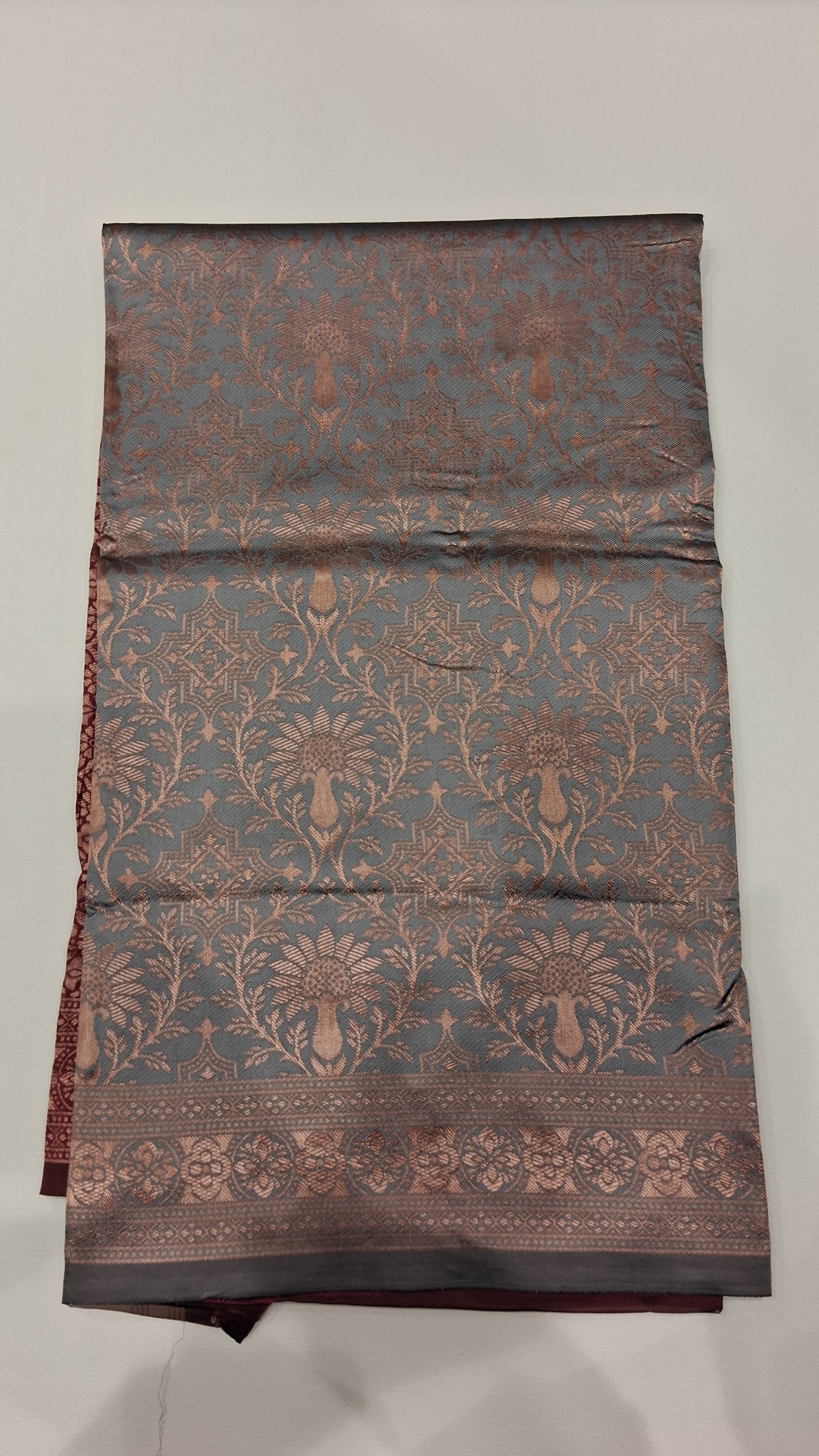 Neelika Slate Blue Floral Woven Saree with Maroon Border 5036015