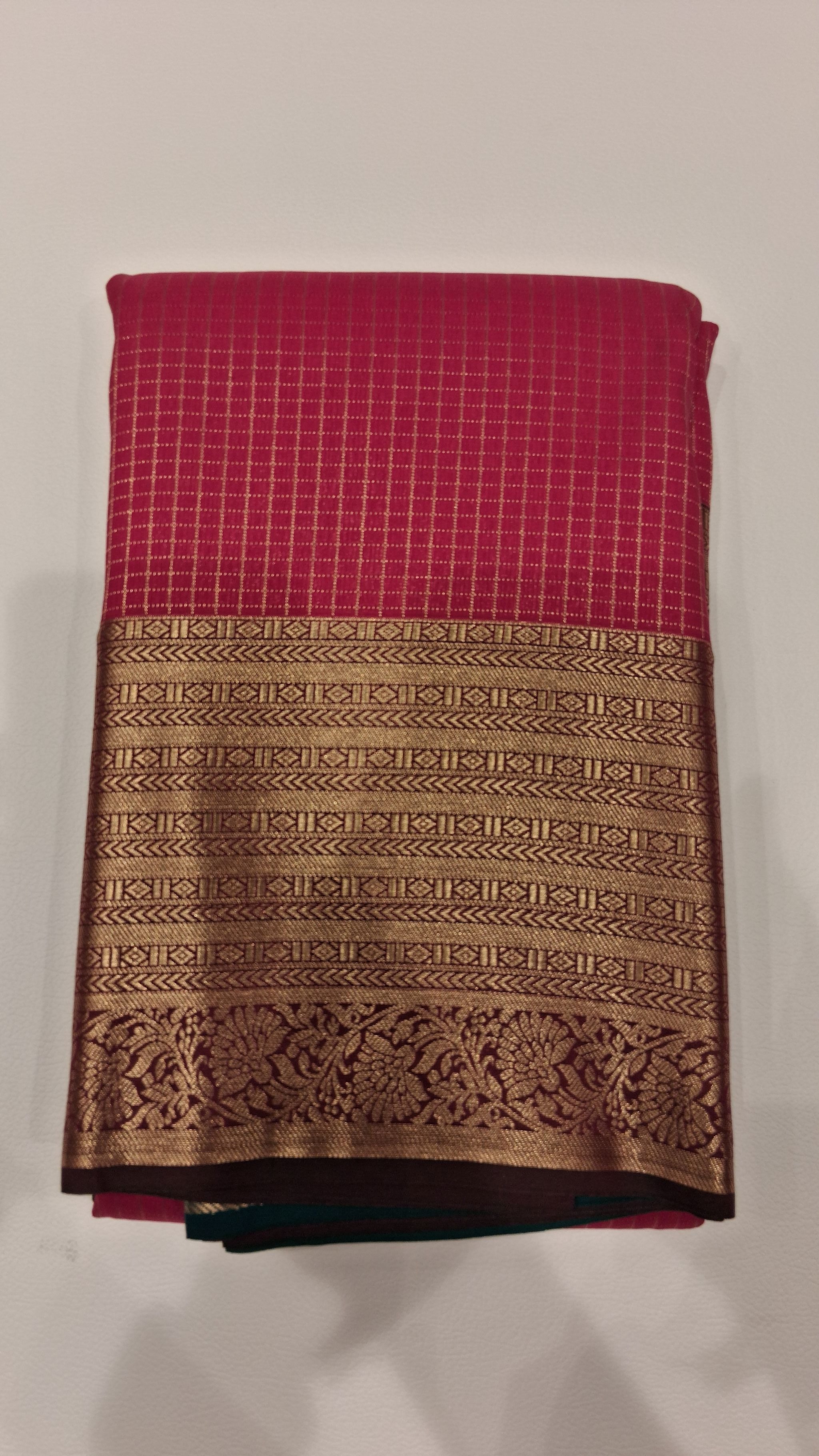 Pink Gold Check Zari Saree with Traditional Border 1794019