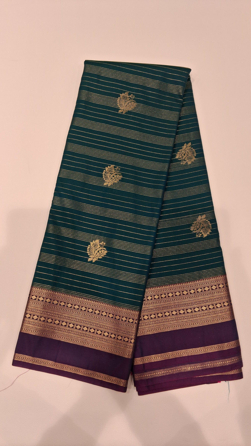 Teal Green Zari Striped Saree with Purple Border 3512004