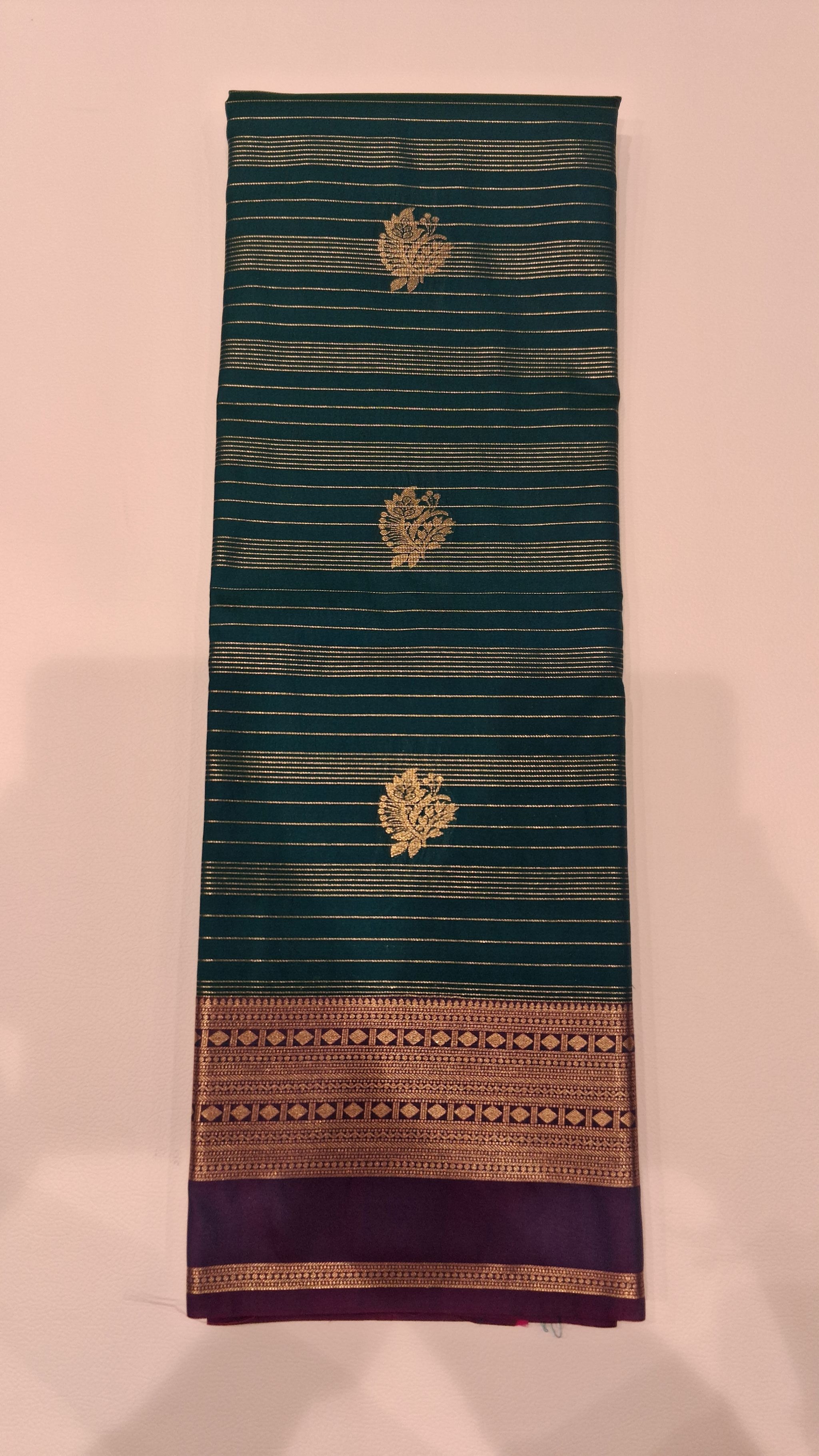 Teal Green Zari Striped Saree with Purple Border 3512004