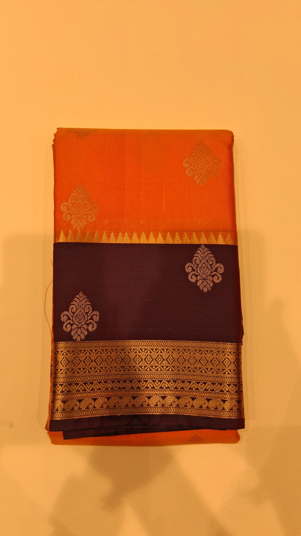 Orange Silk Blend Saree with Navy Blue Zari Border 6308005