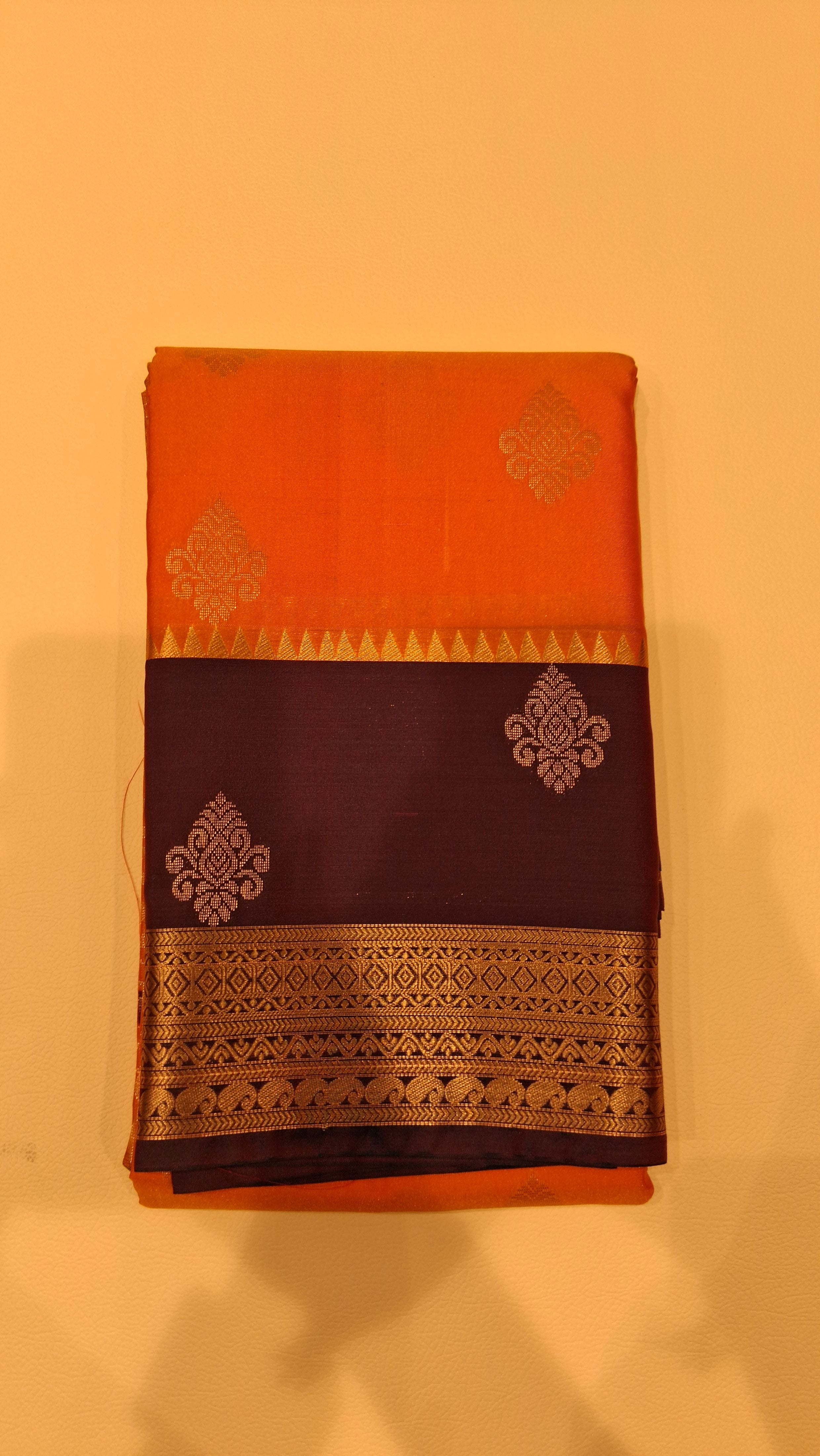 Orange Silk Blend Saree with Navy Blue Zari Border 6308005