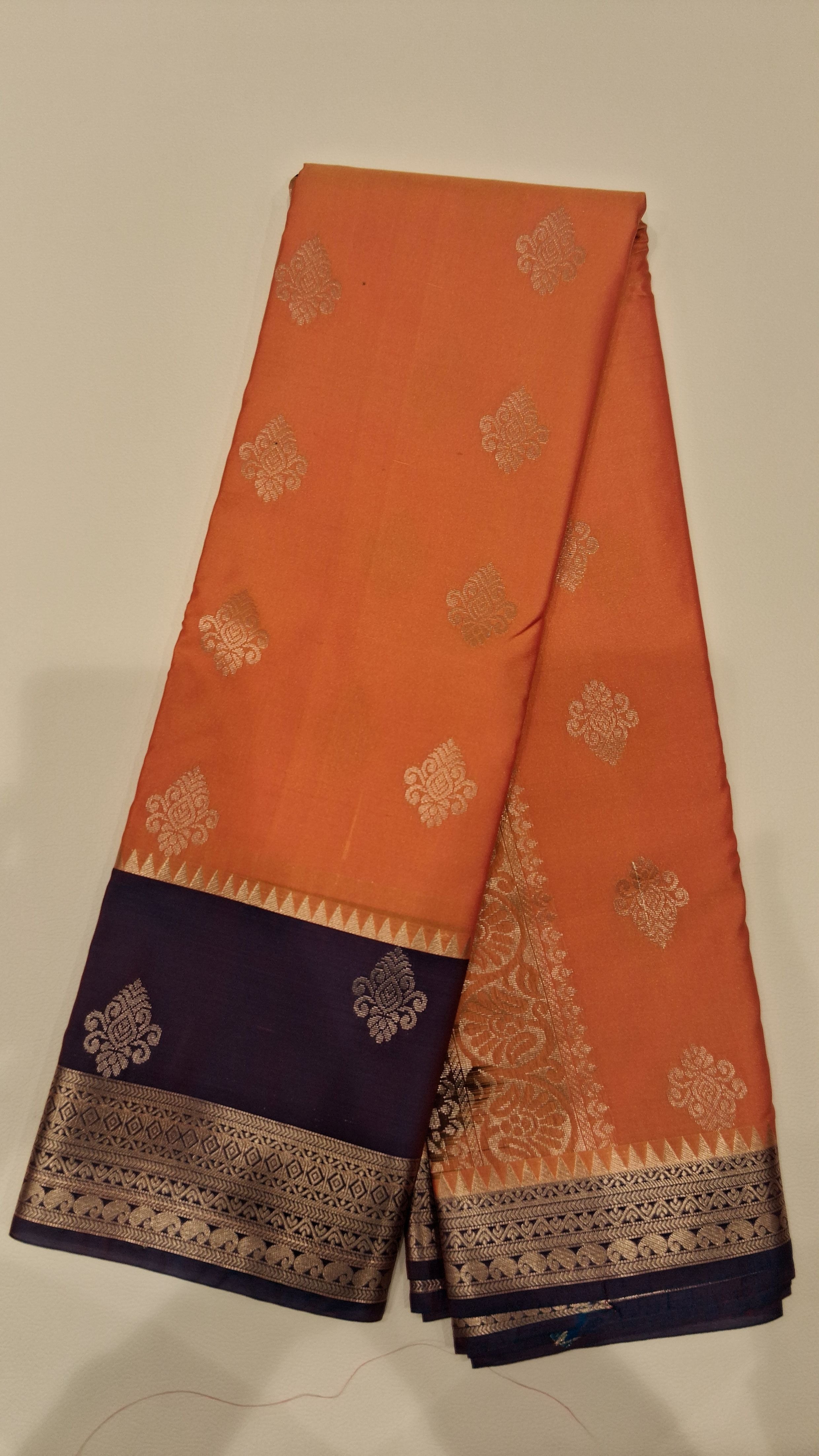 Orange Silk Blend Saree with Navy Blue Zari Border 6308005