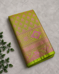 THAMANVI Premium Soft Silk Saree – Lime Green with Pink Zari Floral Weaving & Designer Border