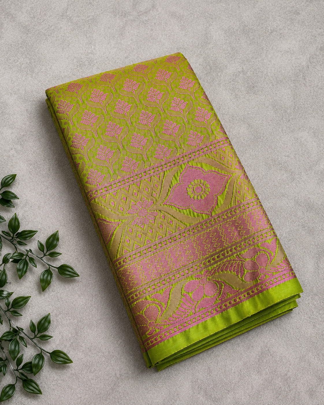 THAMANVI Premium Soft Silk Saree – Lime Green with Pink Zari Floral Weaving & Designer Border
