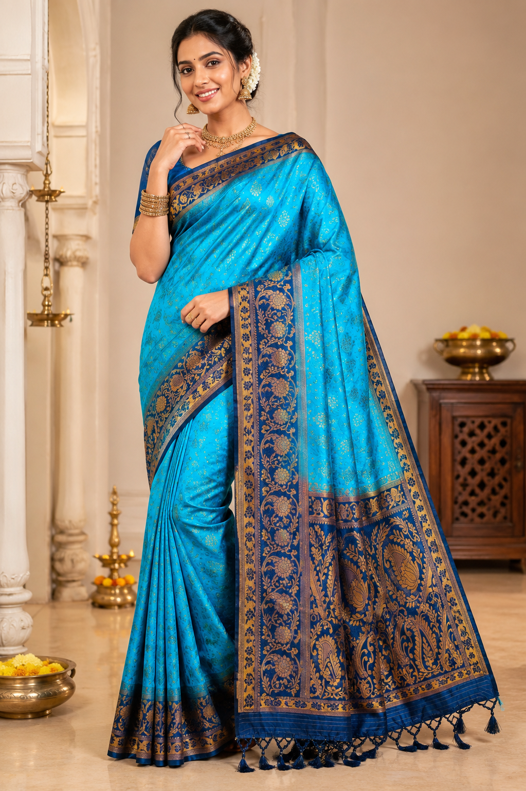 Premium Soft Silk Saree – Sky Blue & Navy Blue with Rich Gold Zari Pallu 7599001