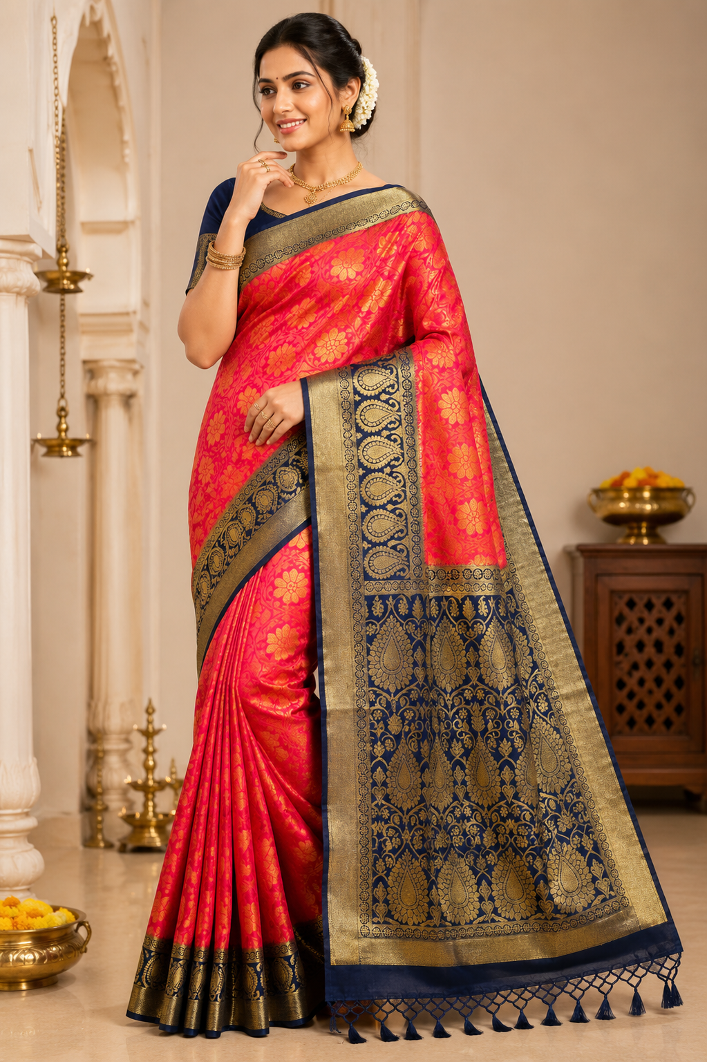 Premium Soft Silk Saree – Sky Blue & Navy Blue with Rich Gold Zari Weaving 7599006