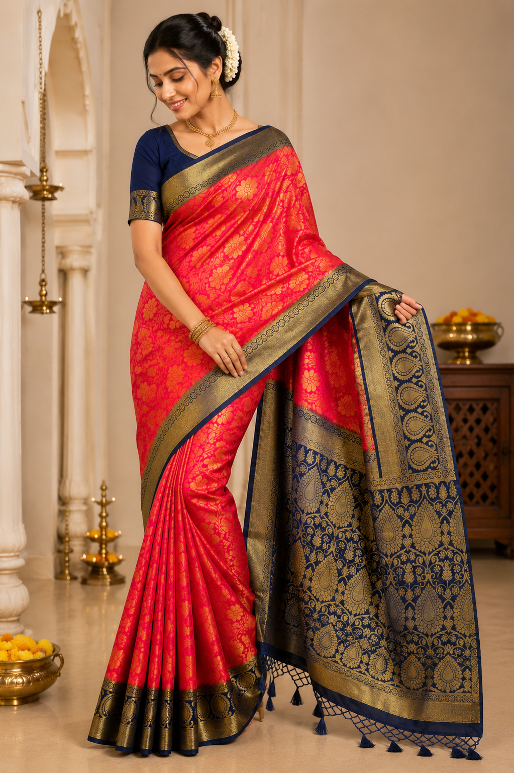 Premium Soft Silk Saree – Sky Blue & Navy Blue with Rich Gold Zari Weaving 7599006