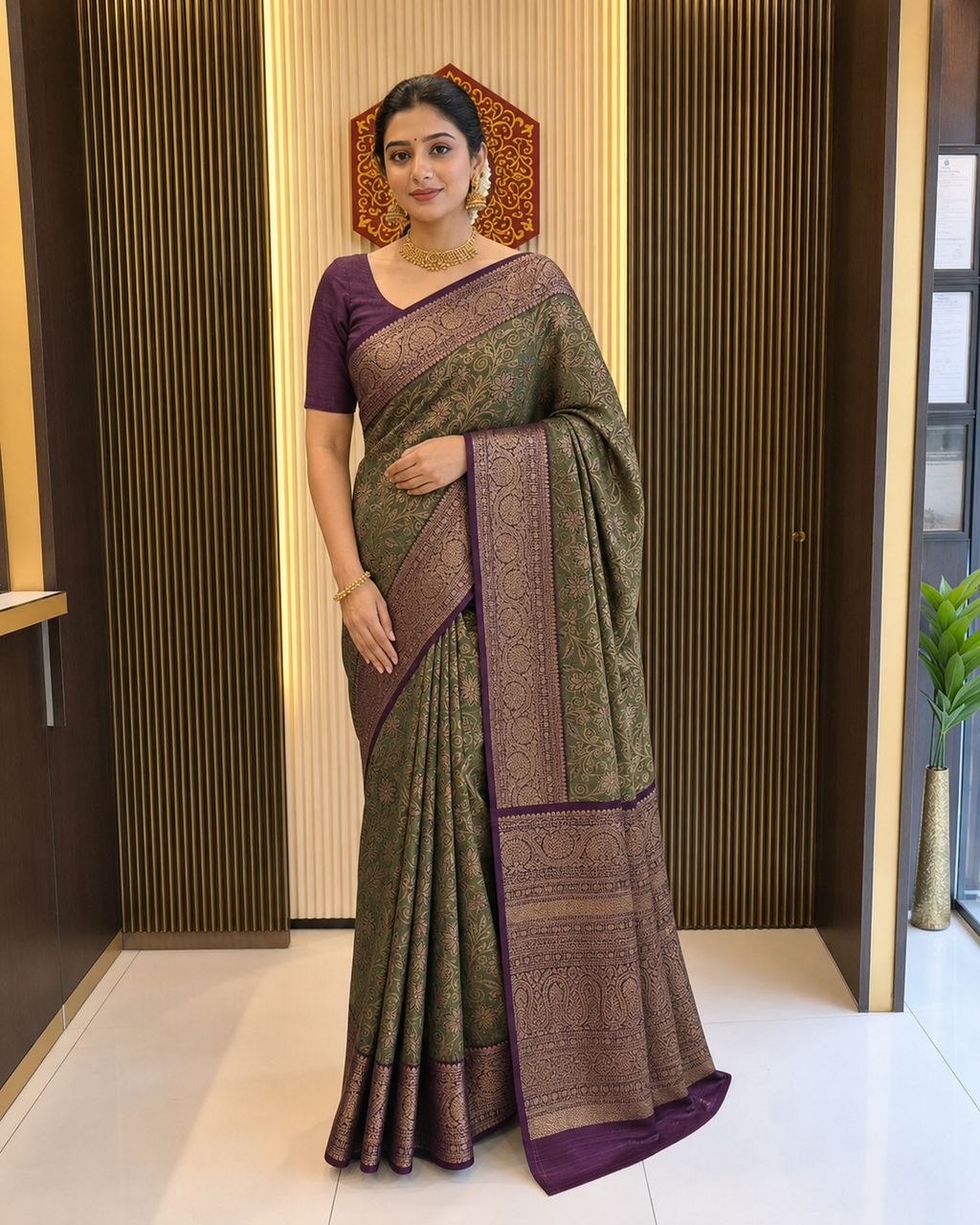 Mehendi Green Silk Saree with Magenta Zari Border 5665012