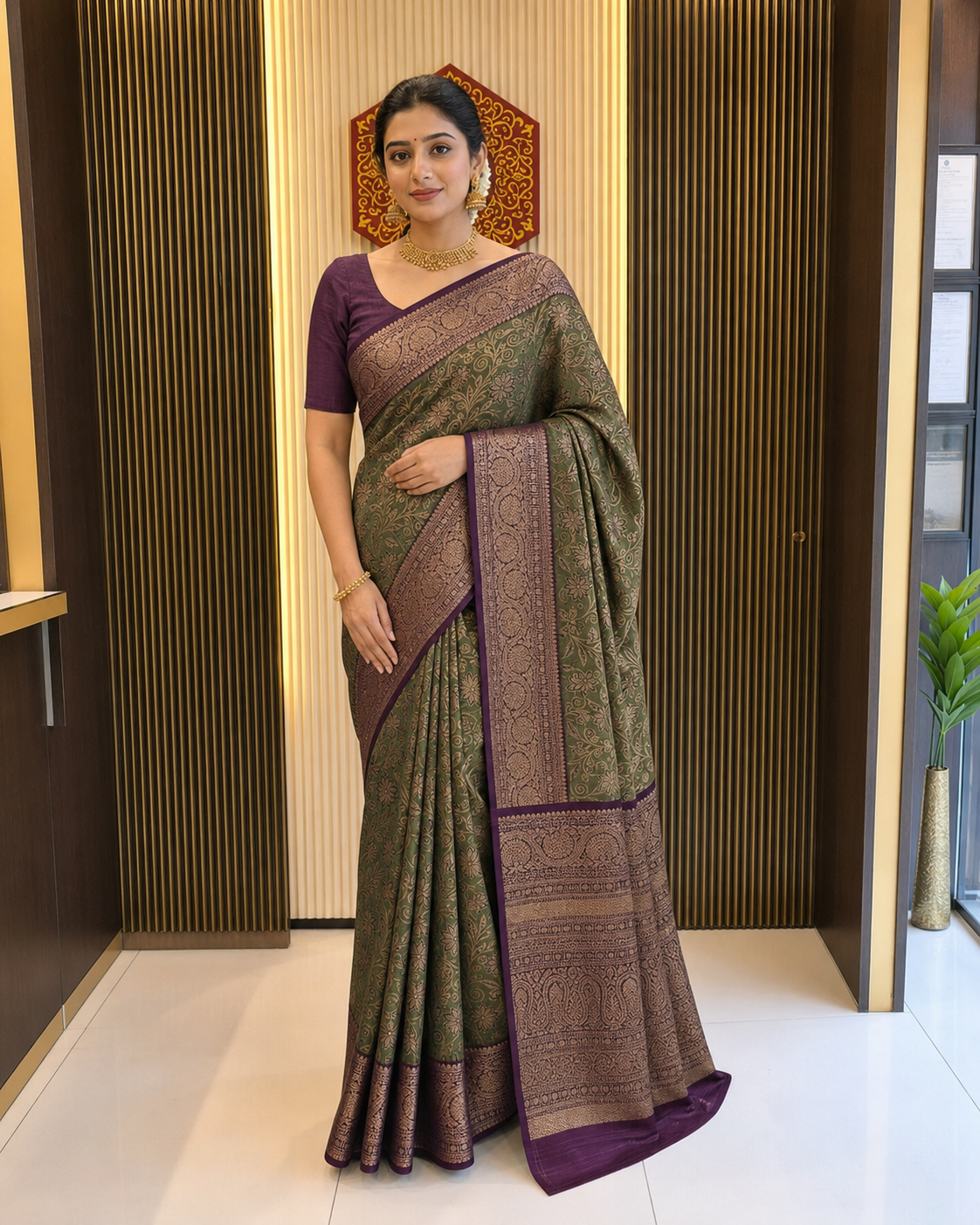 Mehendi Green Silk Saree with Magenta Zari Border 5665012