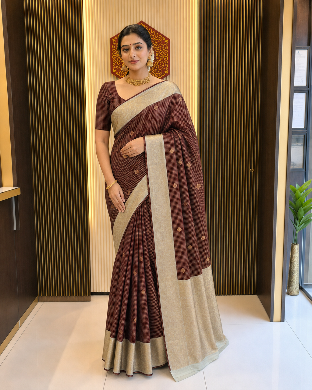 Maroon Checked Silk Saree with Pista Green Border 3510029