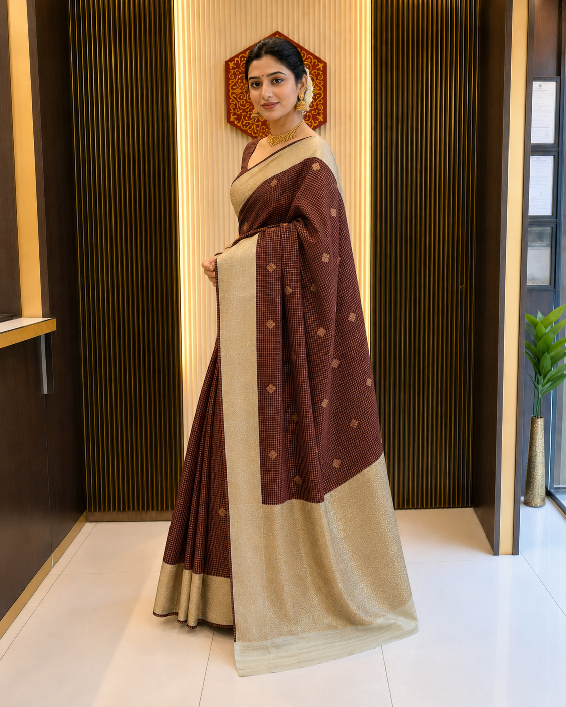 Maroon Checked Silk Saree with Pista Green Border 3510029