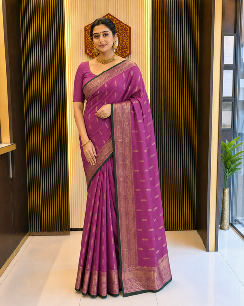 Magenta Pink Silk Saree with Green Zari Border 5979003