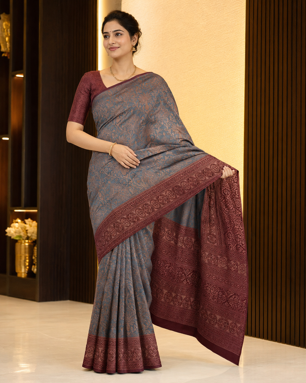 Neelika Slate Blue Floral Woven Saree with Maroon Border 5036015