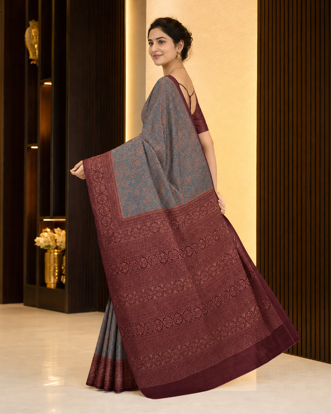Neelika Slate Blue Floral Woven Saree with Maroon Border 5036015