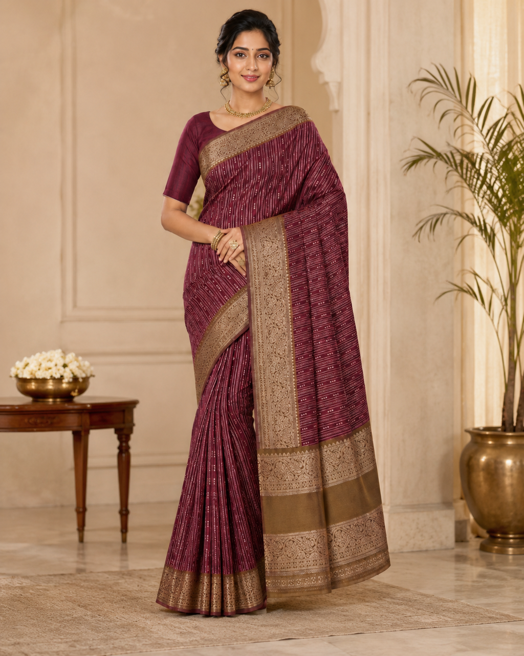 Maroon Zari Striped Saree with Antique Gold Border 3543001
