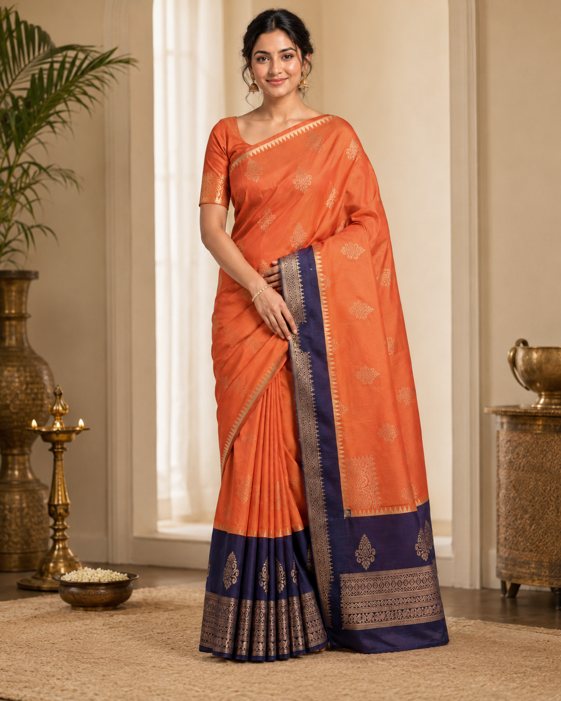Orange Silk Blend Saree with Navy Blue Zari Border 6308005