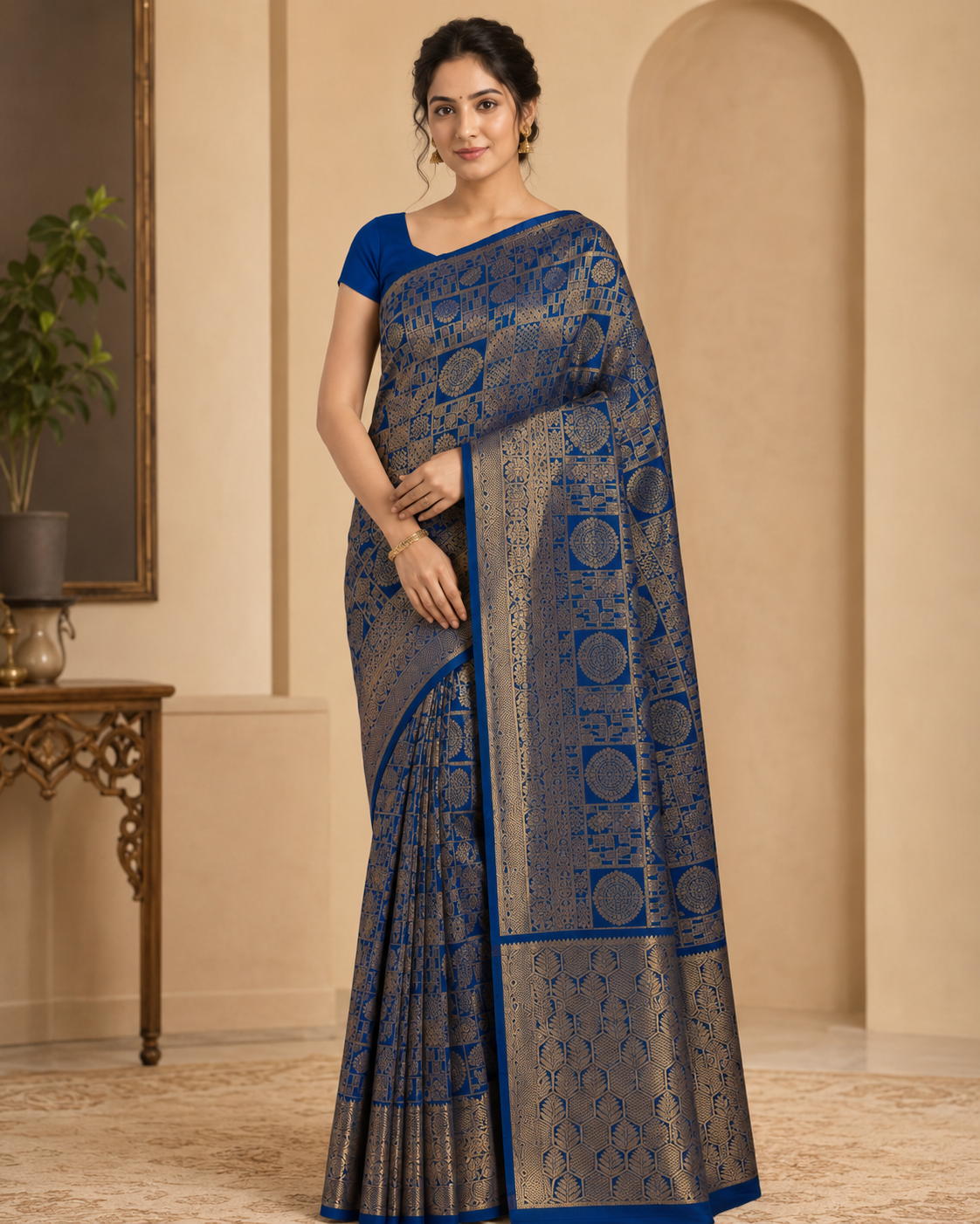 Royal Blue Gold Brocade Saree with Zari Border 5665026