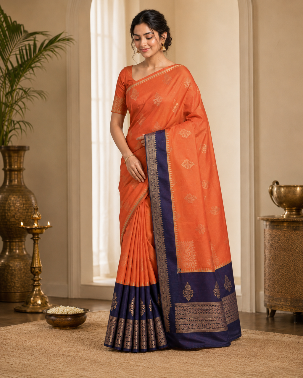 Orange Silk Blend Saree with Navy Blue Zari Border 6308005