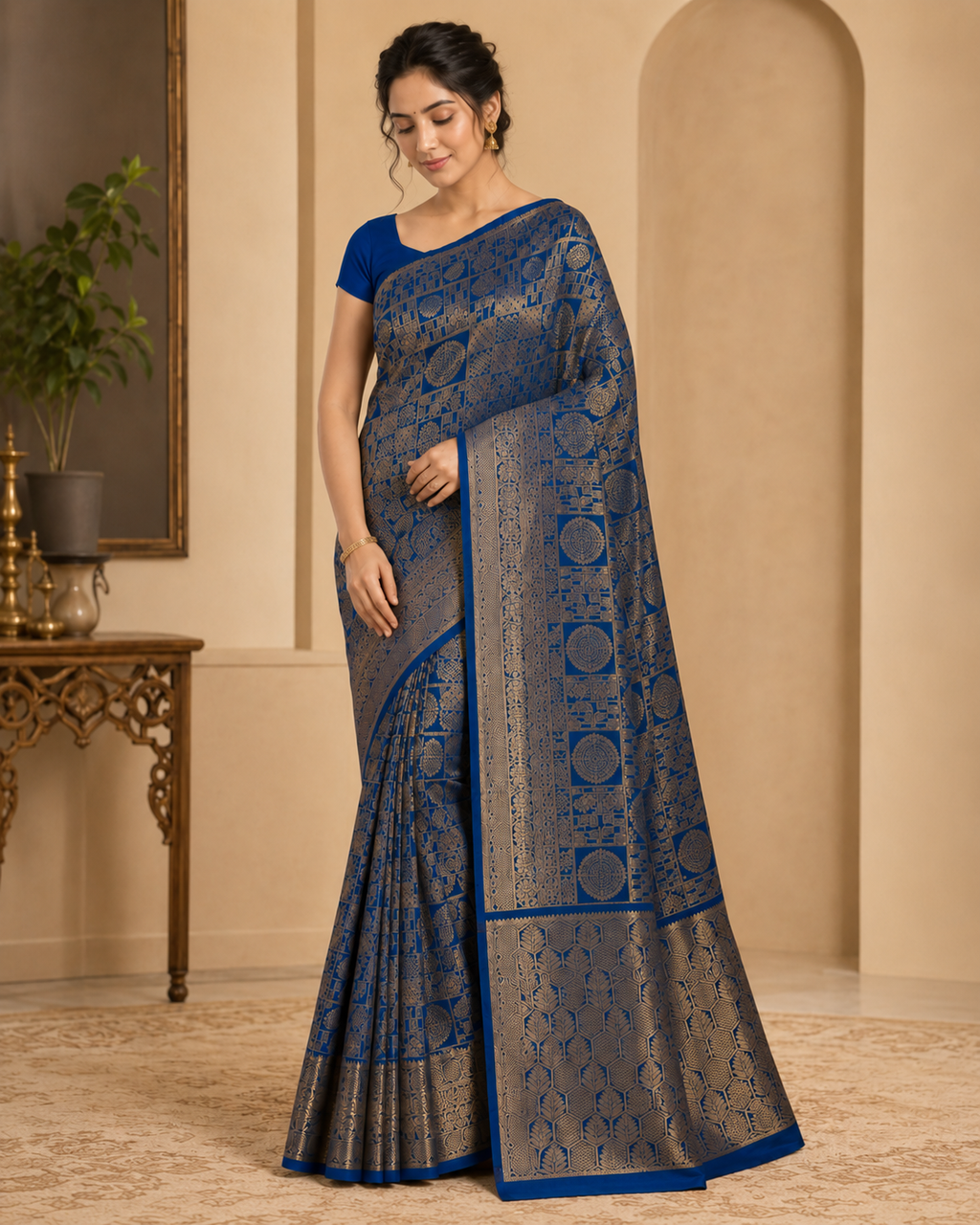 Royal Blue Gold Brocade Saree with Zari Border 5665026