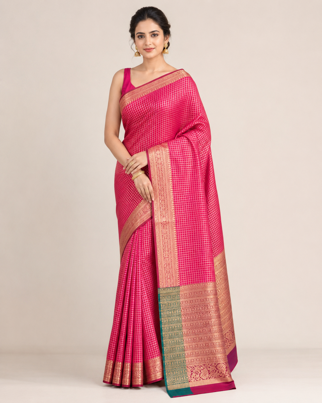 Pink Gold Check Zari Saree with Traditional Border 1794019