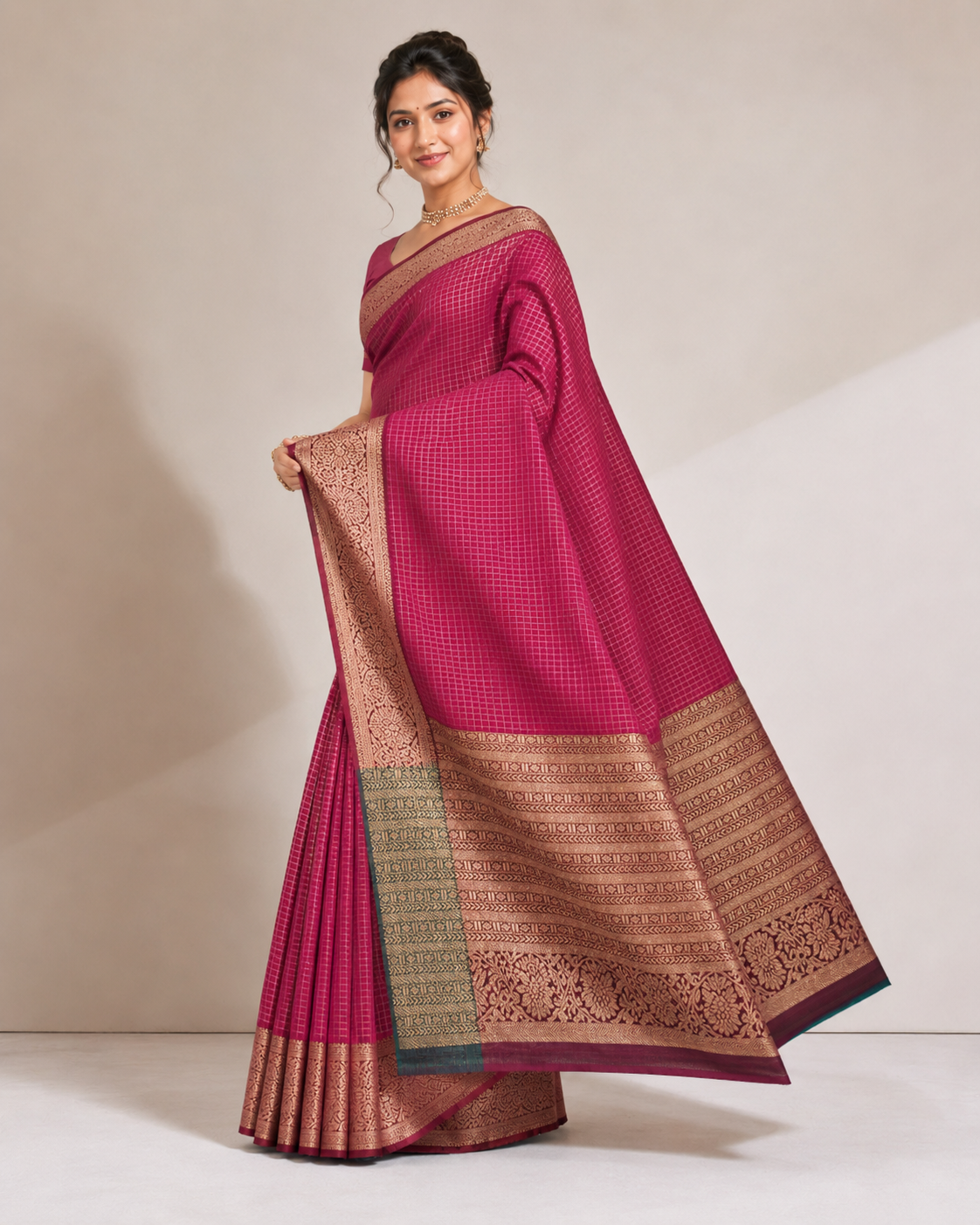 Pink Gold Check Zari Saree with Traditional Border 1794019