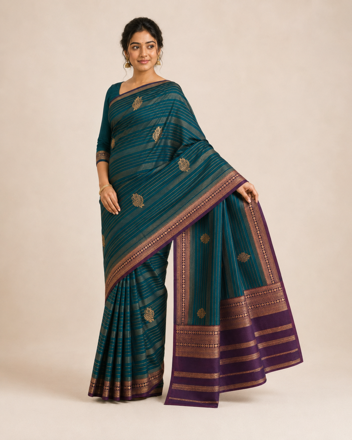 Teal Green Zari Striped Saree with Purple Border 3512004