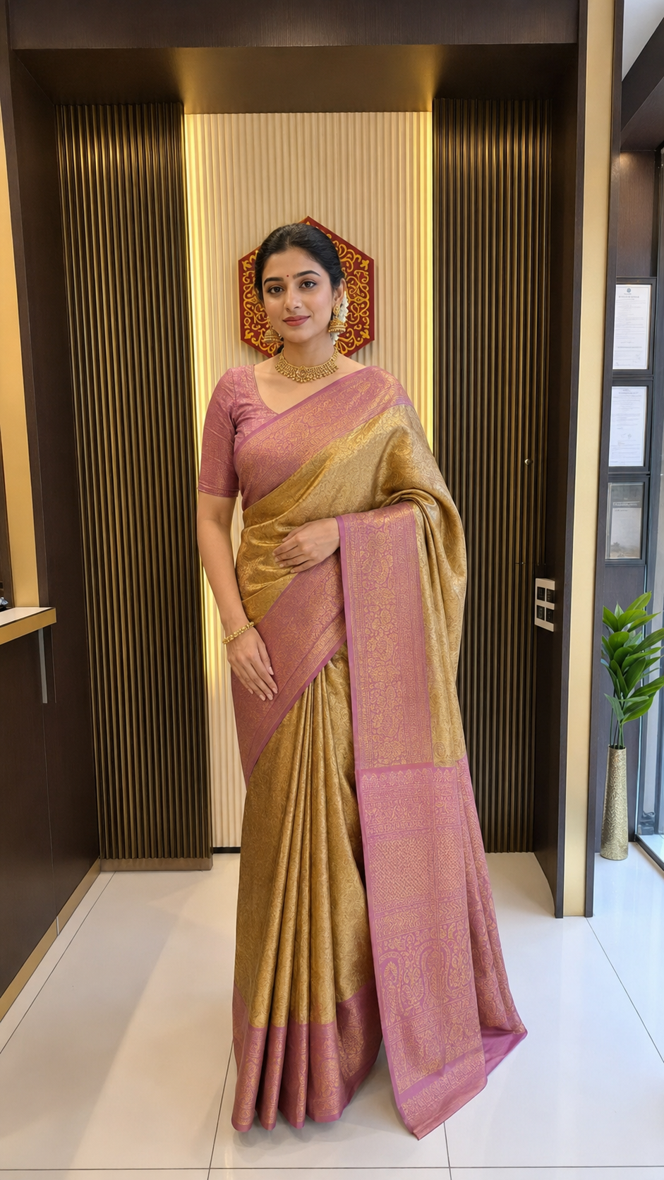 Antique Gold Kanjivaram Silk Saree with Rani Pink Border 3684003