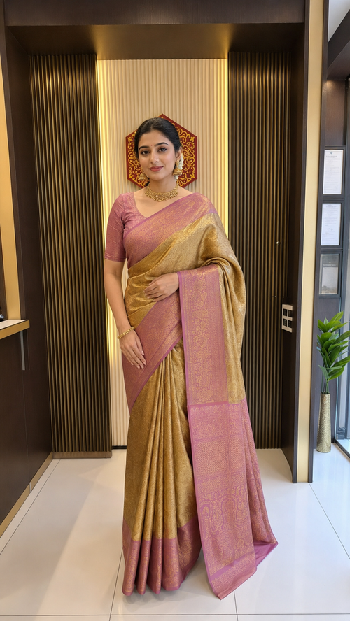 Antique Gold Kanjivaram Silk Saree with Rani Pink Border 3684003