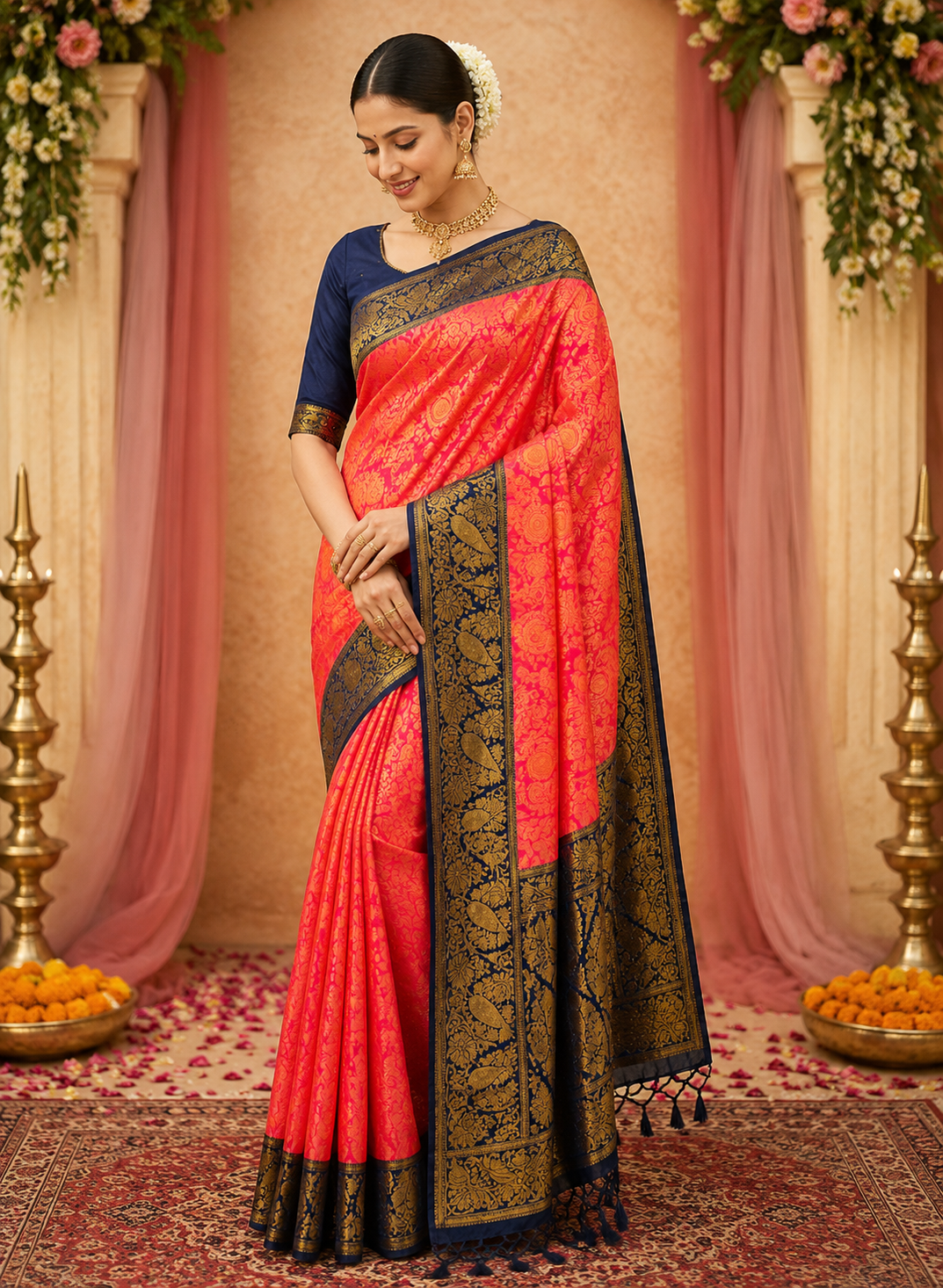 A woman models a traditional Indian saree in a decorated indoor setting. The saree has a vibrant coral-pink body with a navy blue border featuring intricate gold zari embroidery, paired with a solid navy blue blouse.