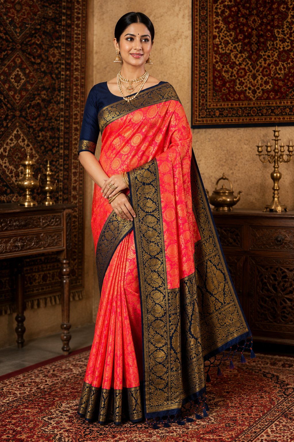 Red & Navy Blue Soft Silk Saree with Antique Gold Zari Border 7599013