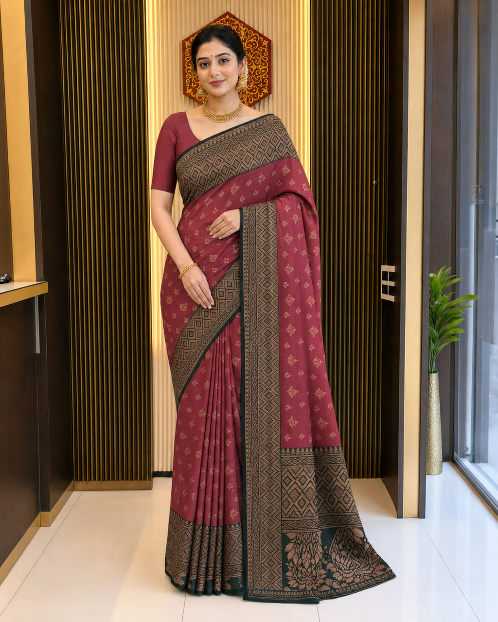 Gulnaar Rose Woven Saree with Green Heritage Border 5034011