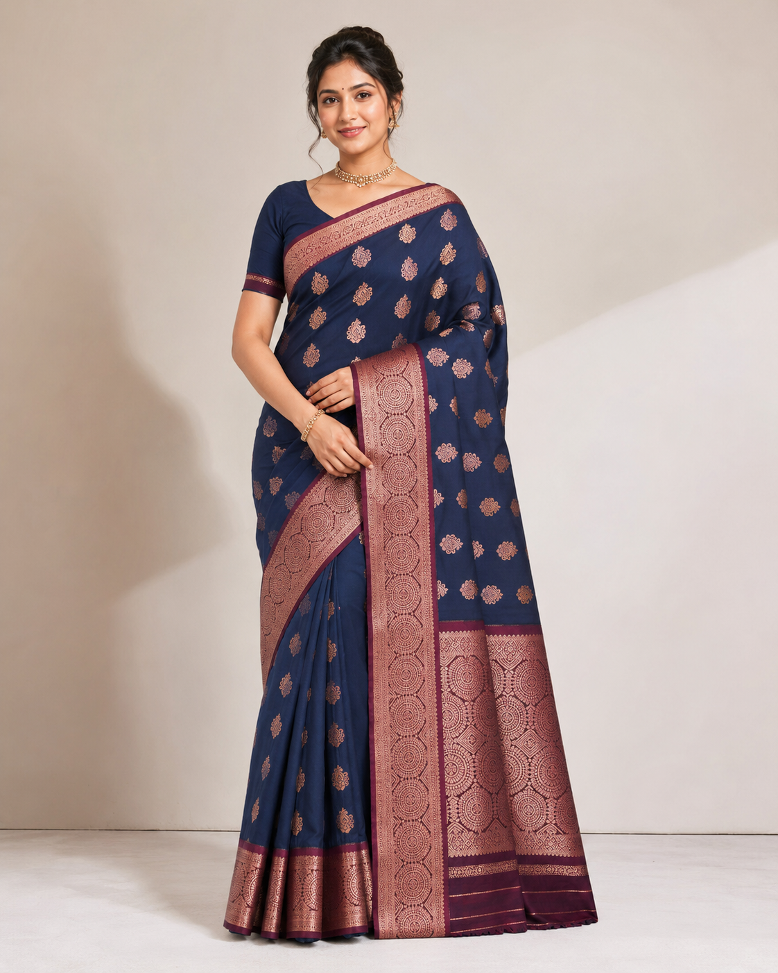 Navy Blue Copper Zari Woven Saree with Maroon Border 6291015