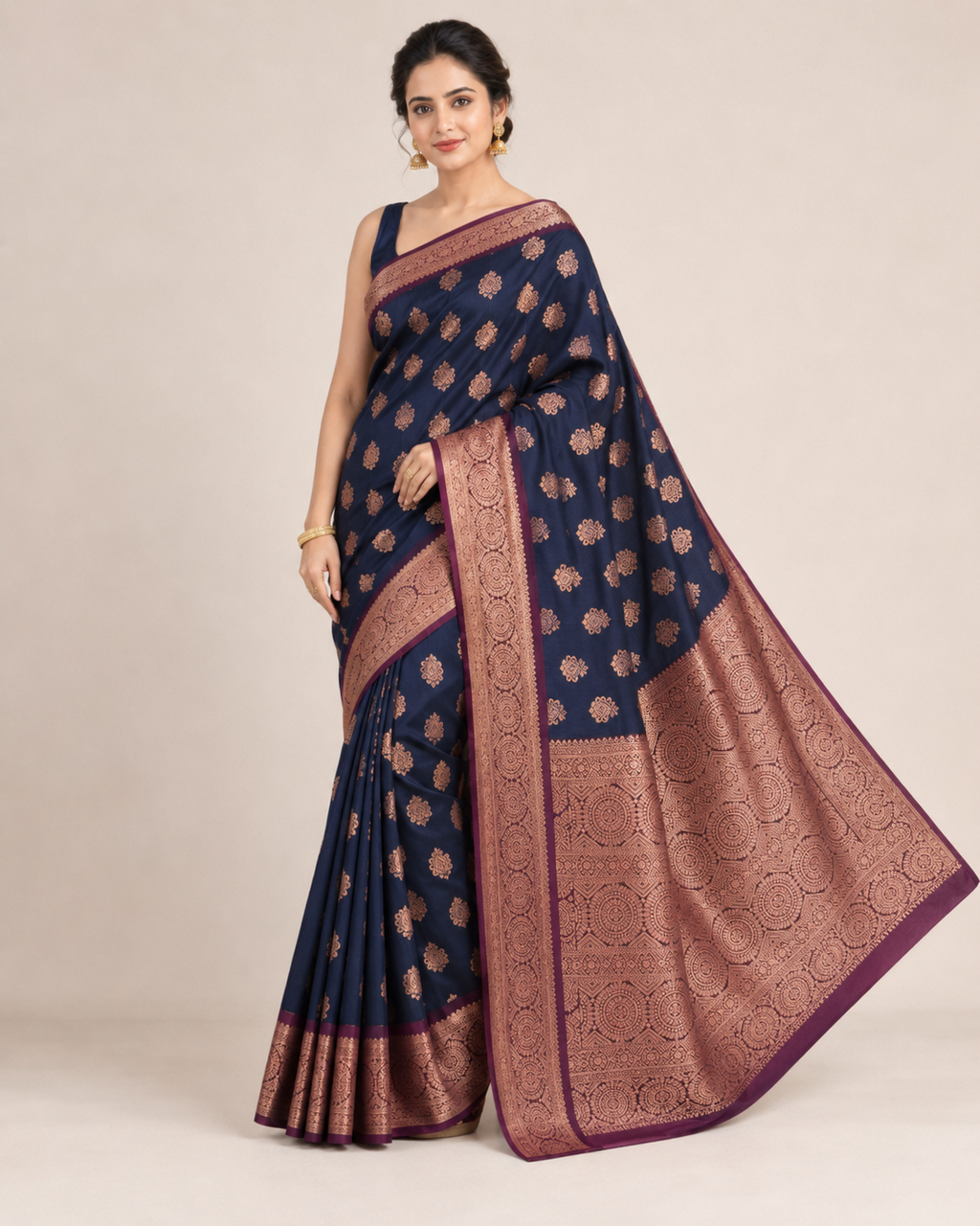 Navy Blue Copper Zari Woven Saree with Maroon Border 6291015