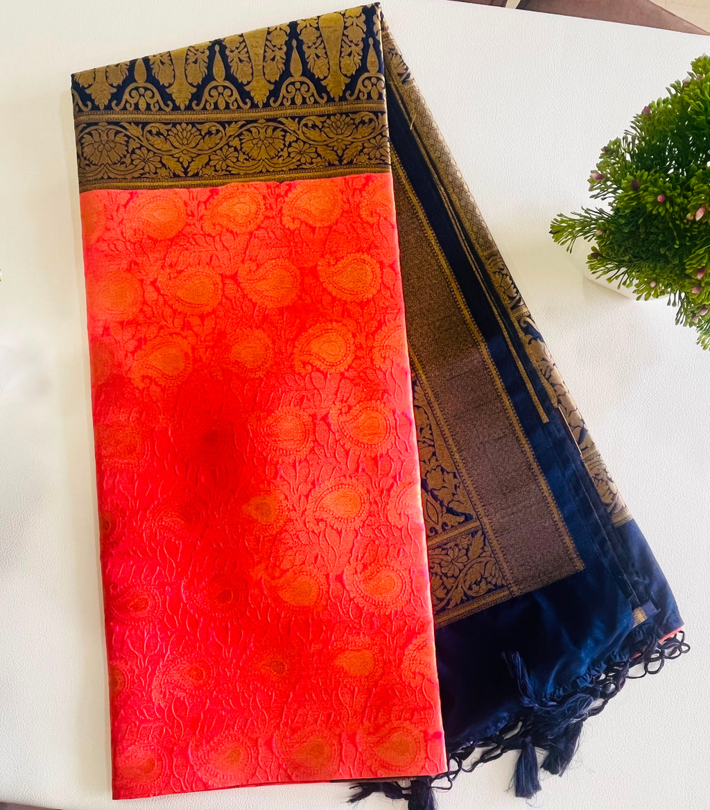 Red & Navy Blue Soft Silk Saree with Antique Gold Zari Border 7599013
