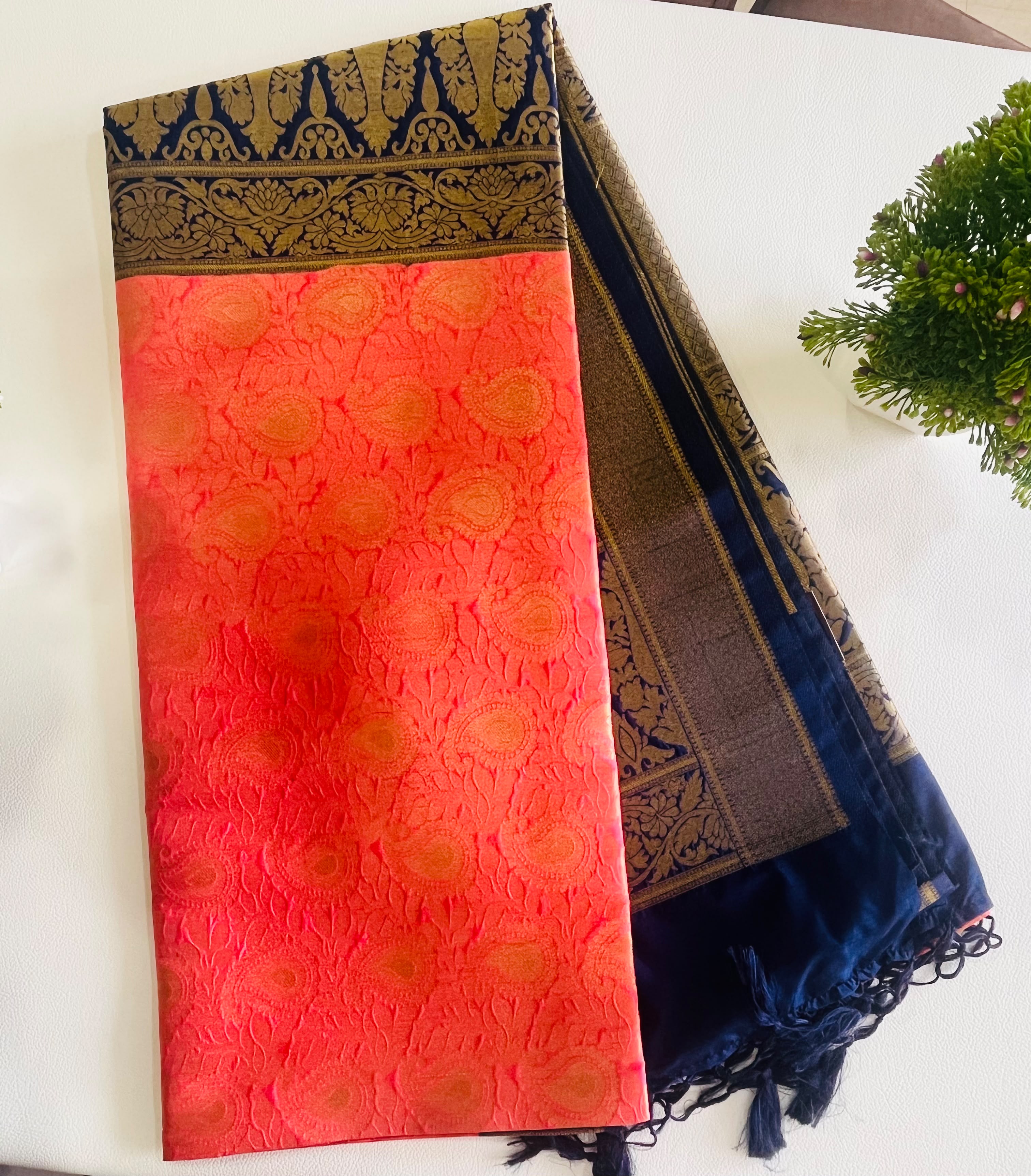 Red & Navy Blue Soft Silk Saree with Antique Gold Zari Border 7599013