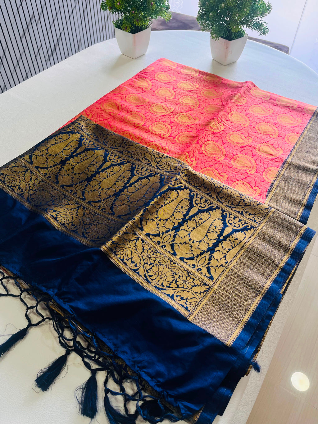 Red & Navy Blue Soft Silk Saree with Antique Gold Zari Border 7599013