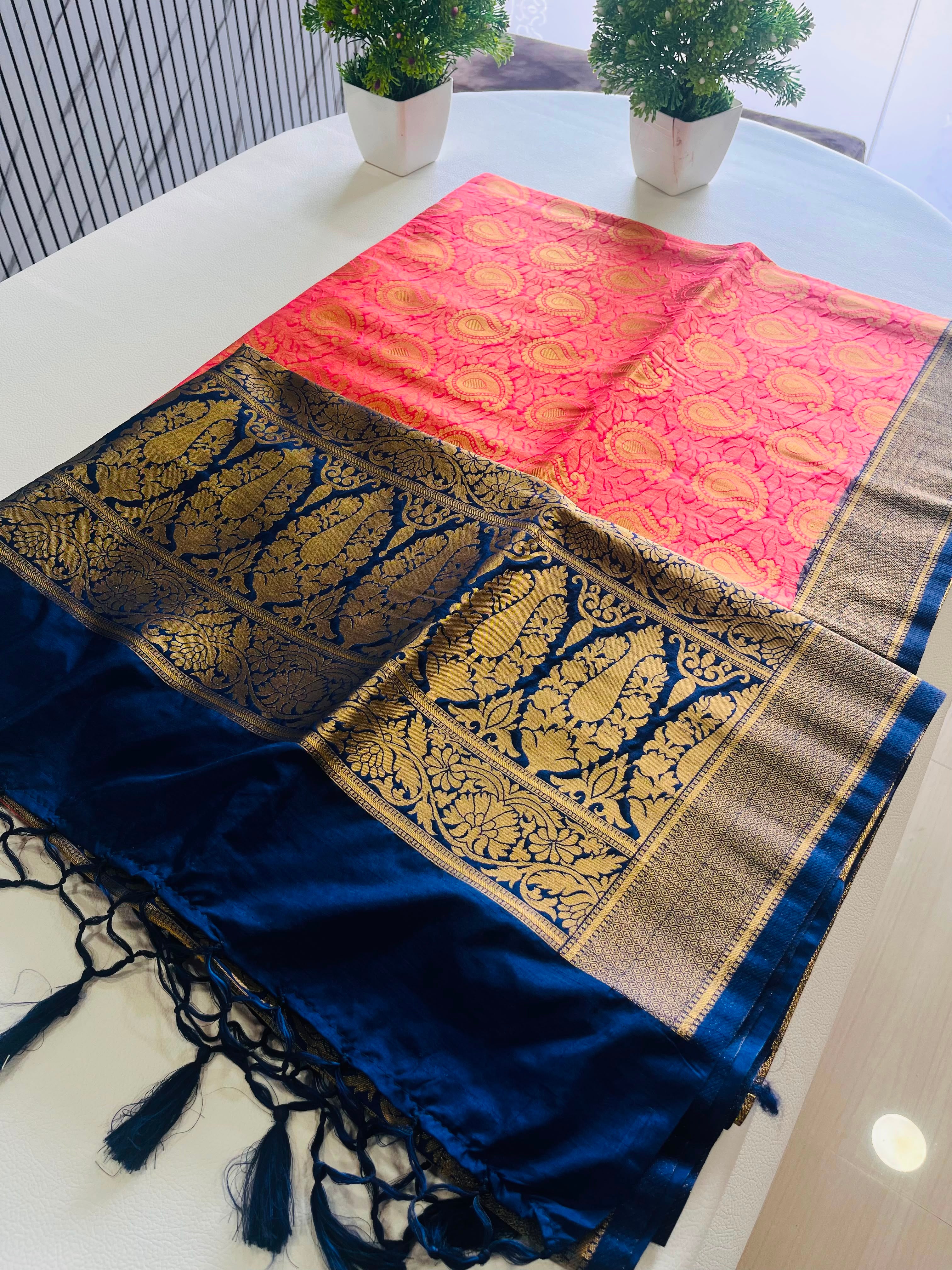 Red & Navy Blue Soft Silk Saree with Antique Gold Zari Border 7599013
