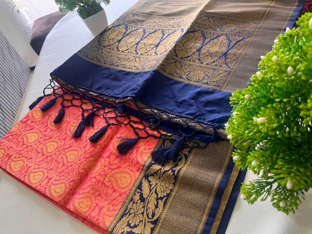Red & Navy Blue Soft Silk Saree with Antique Gold Zari Border 7599013