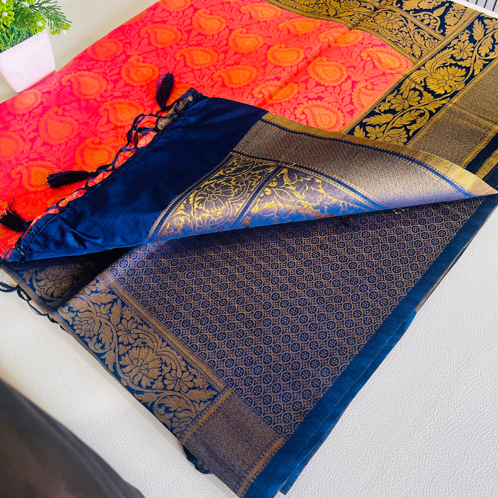 Red & Navy Blue Soft Silk Saree with Antique Gold Zari Border 7599013