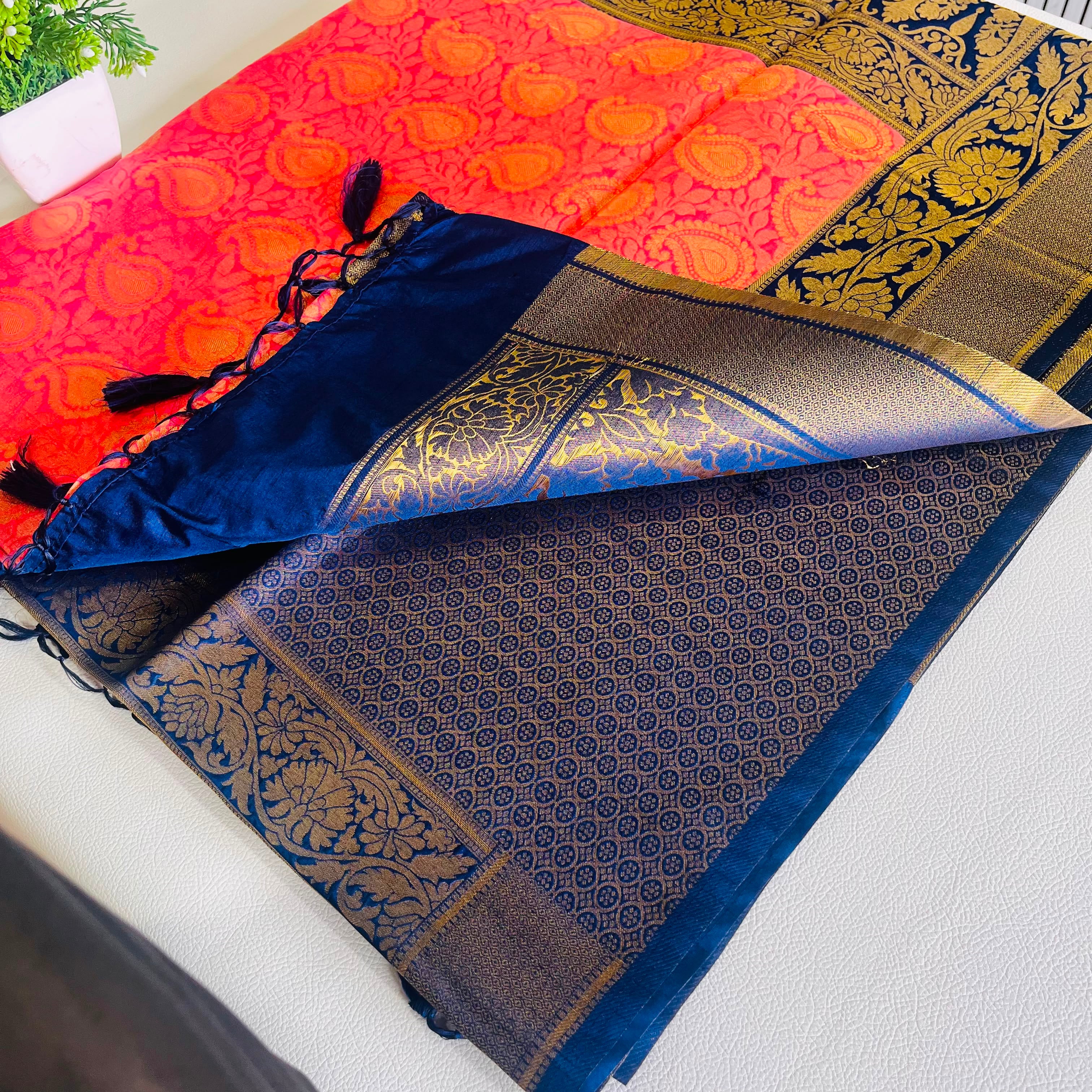 Red & Navy Blue Soft Silk Saree with Antique Gold Zari Border 7599013