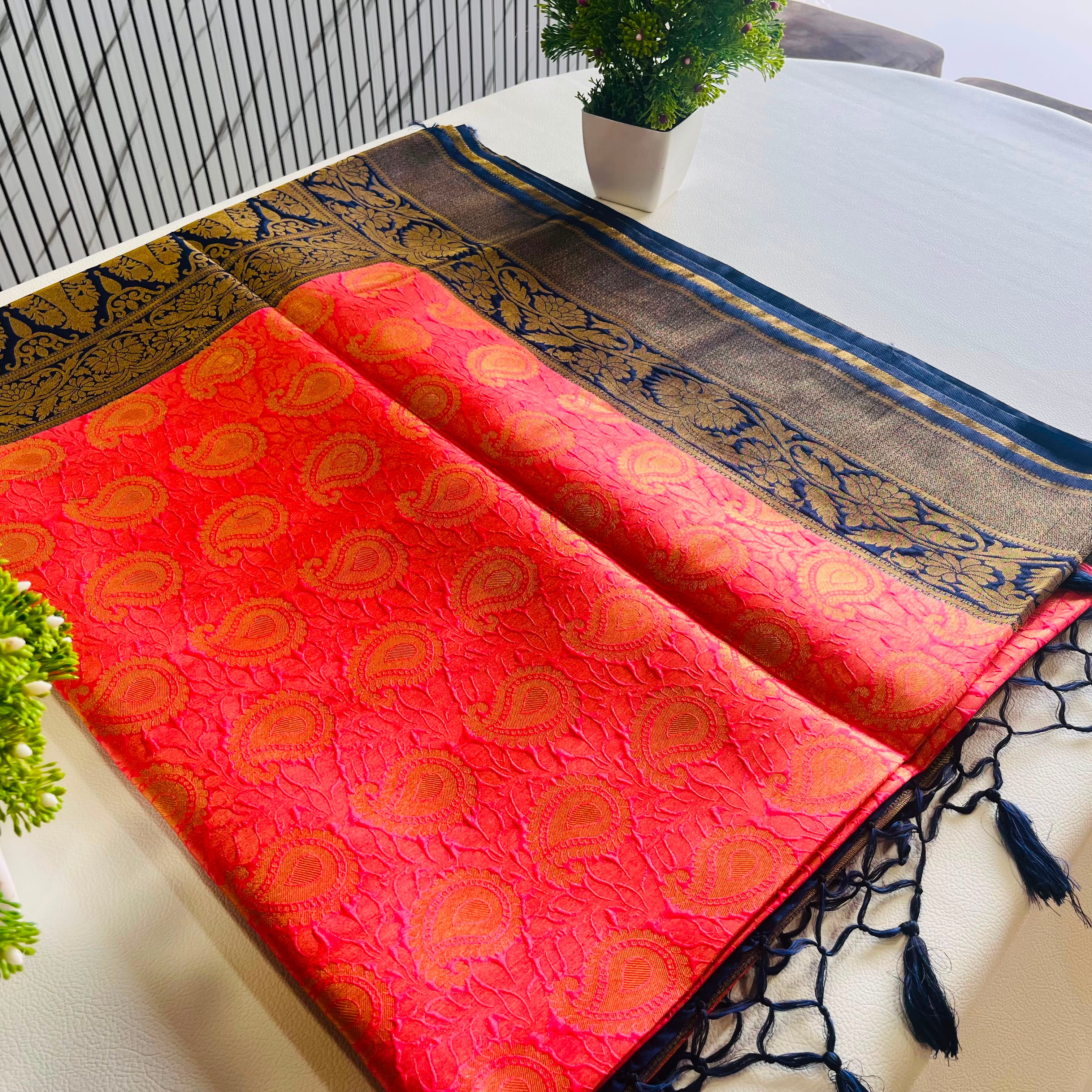 Red & Navy Blue Soft Silk Saree with Antique Gold Zari Border 7599013