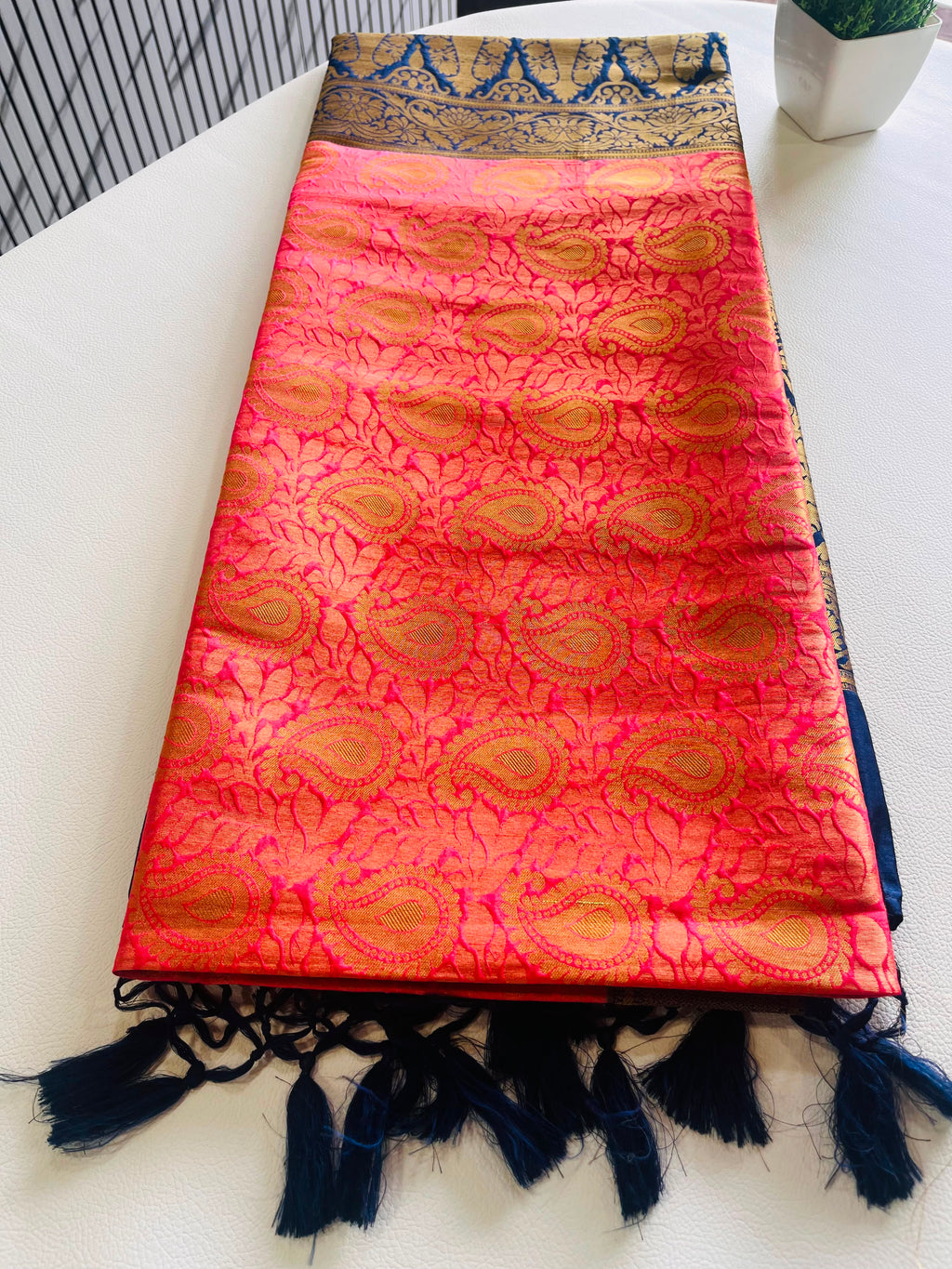 Red & Navy Blue Soft Silk Saree with Antique Gold Zari Border 7599013
