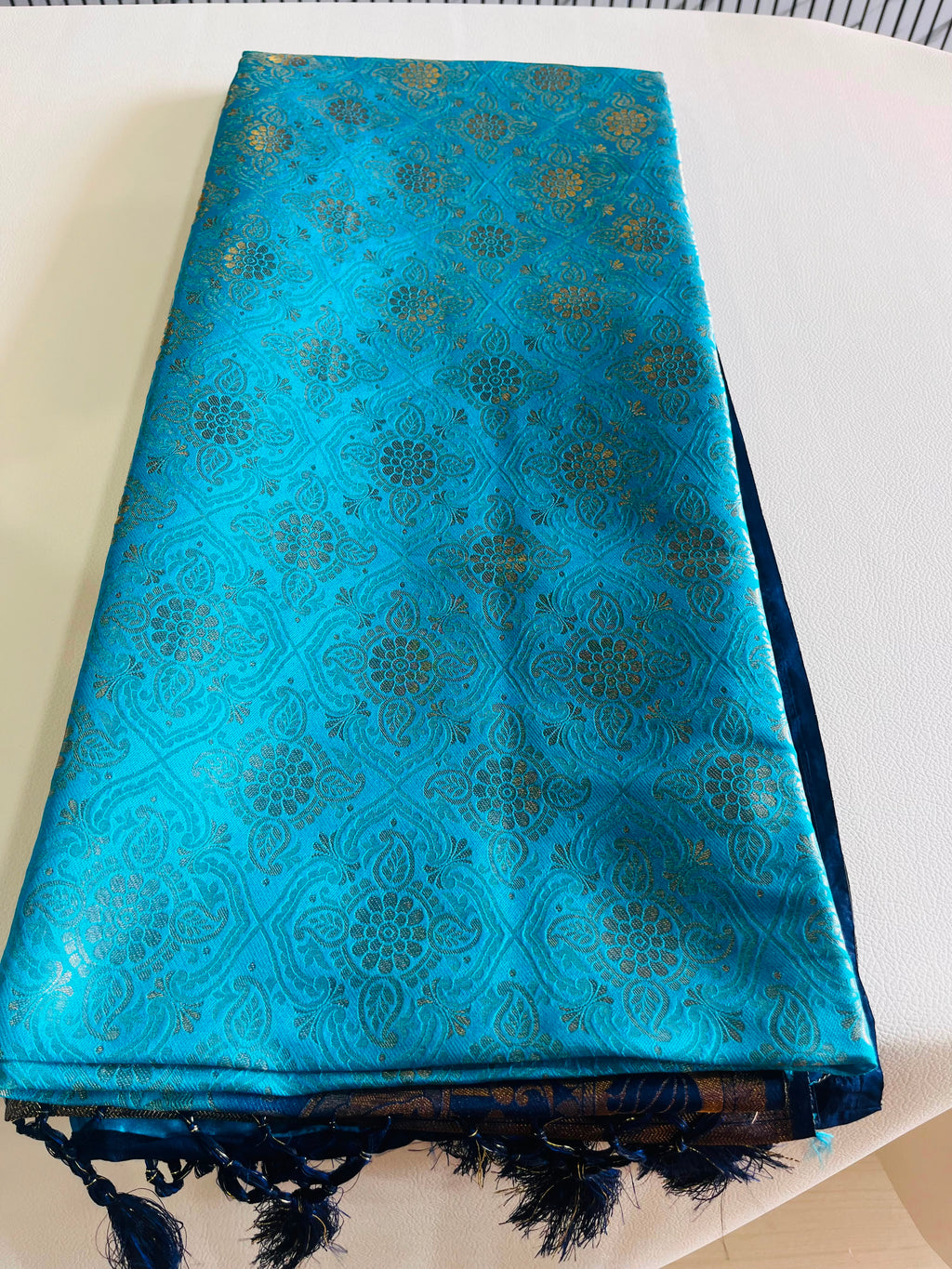 Premium Soft Silk Saree – Sky Blue & Navy Blue with Rich Gold Zari Pallu 7599001