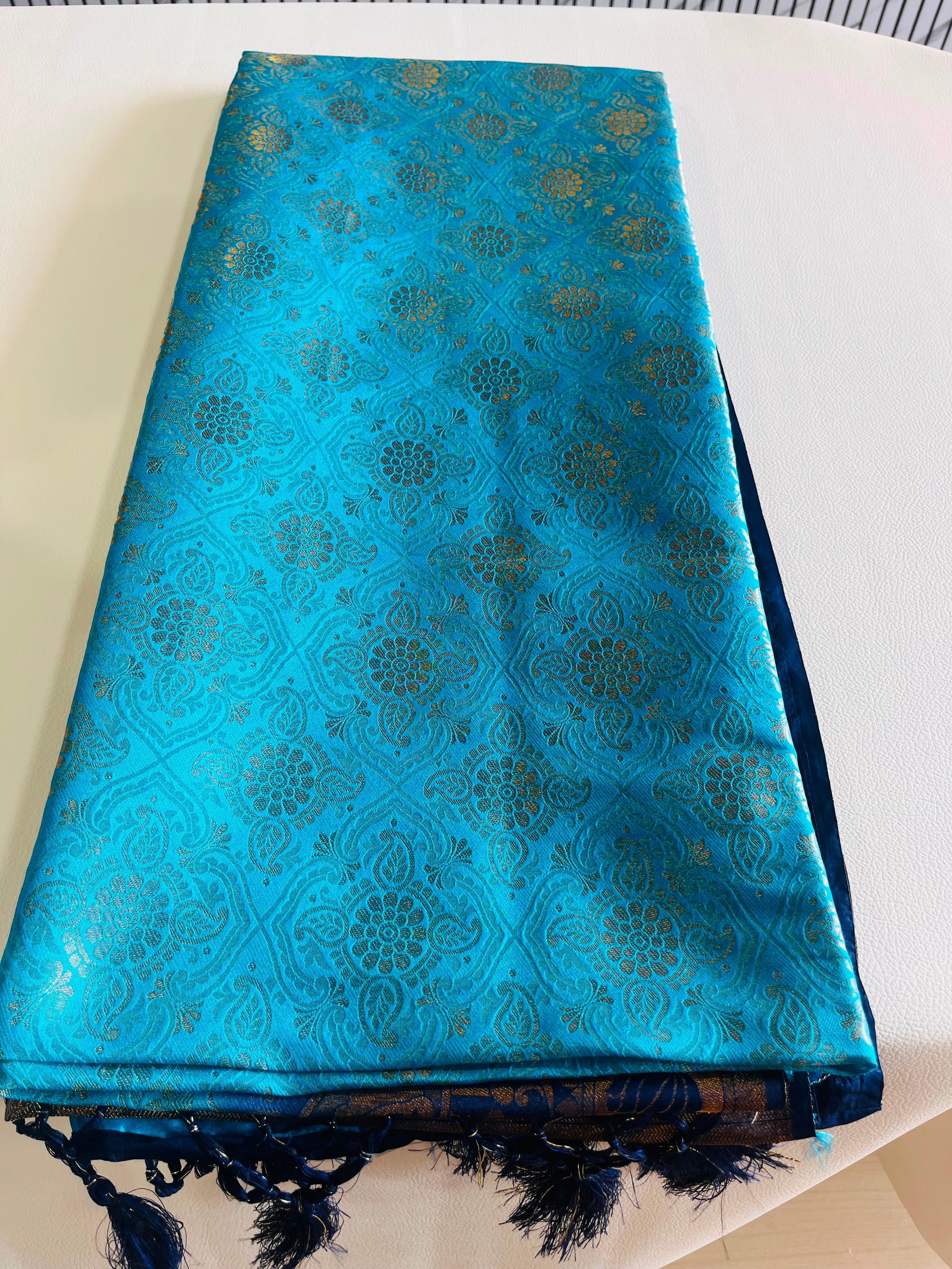 Premium Soft Silk Saree – Sky Blue & Navy Blue with Rich Gold Zari Pallu 7599001