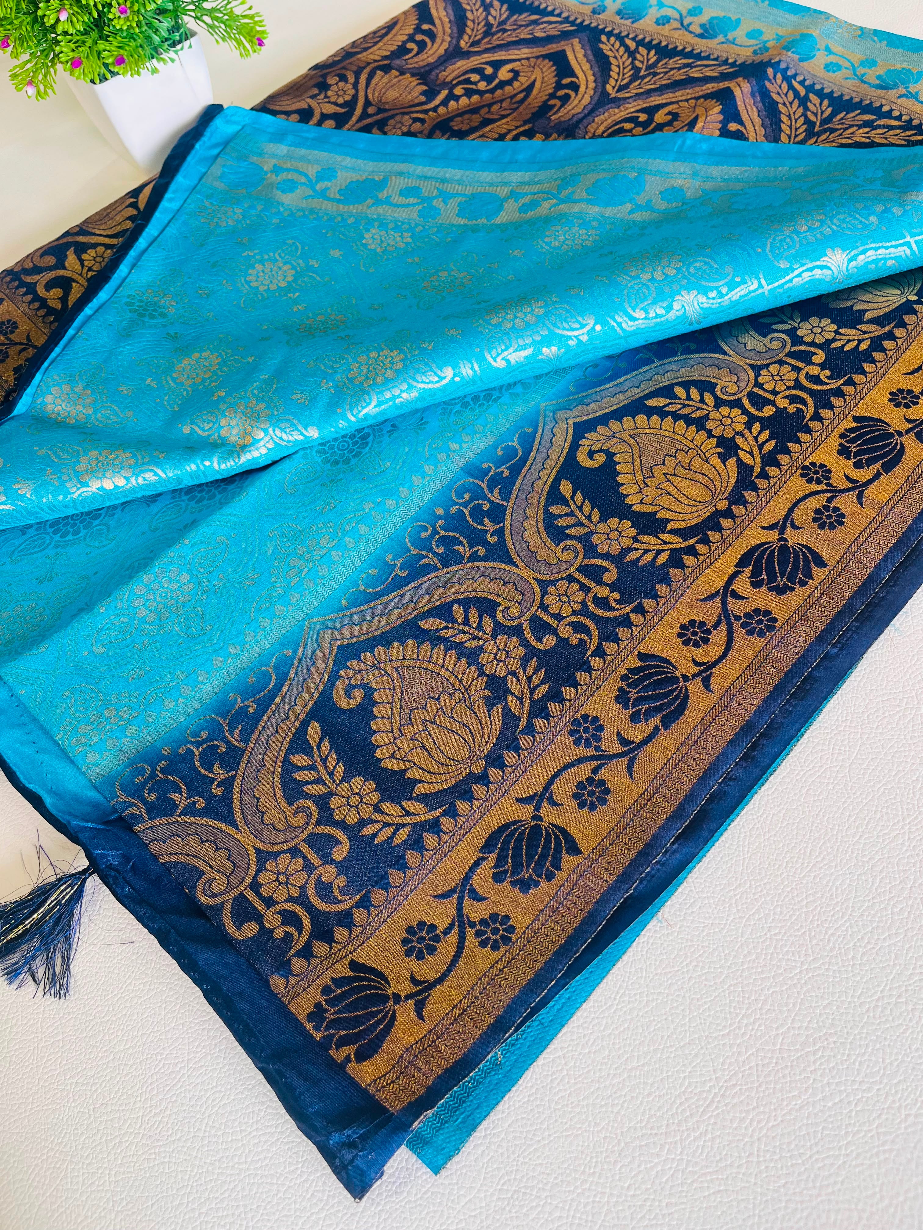 Premium Soft Silk Saree – Sky Blue & Navy Blue with Rich Gold Zari Pallu 7599001